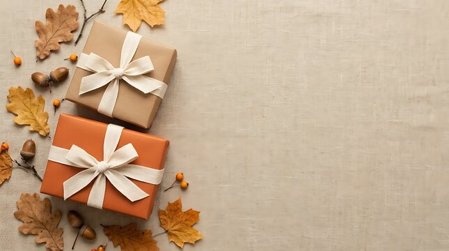 A beautifully arranged flat lay showcases two elegantly wrapped gift boxes adorned with ribbons and accompanied by delicate autumn leaves creating a festive and heartwarming