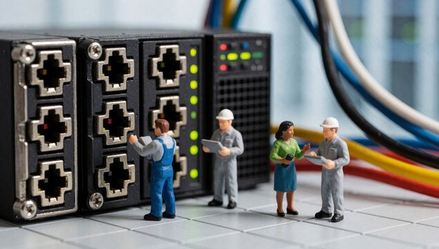 Group miniature people standing front network switch black color has multiple ports green yellow switches wear