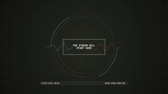 Futuristic Sci-Fi HUD Stream Will Start Soon Screen With Waveforms And Rotating Grid Elements