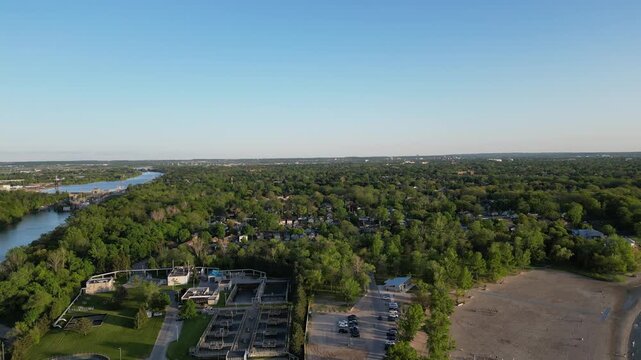 Aerial of the Welland Canal and Sunset Beach in St. Catharines, Ontario, Canada. Part of the St. Lawrence Seaway and Great Lakes Waterway, connecting Lake Ontario to Lake Erie. May, 2023.  