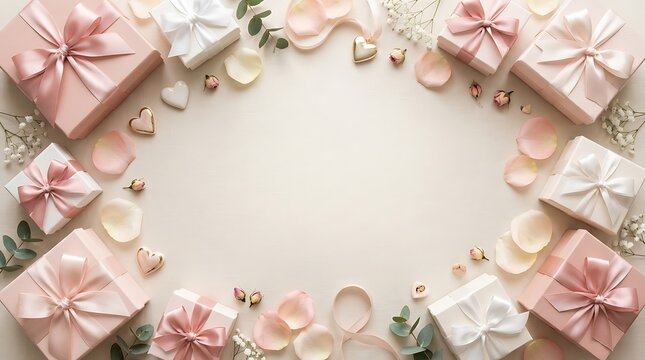 A beautifully arranged flat lay featuring multiple pastel colored gift boxes ribbons and delicate floral accents creating a festive and celebratory atmosphere for special occasions