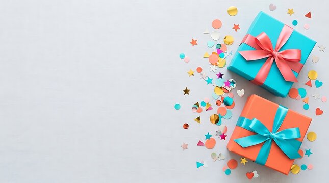 A delightful flat lay showcasing beautifully wrapped gift boxes adorned with vibrant ribbons and confetti perfect for celebrations and special occasions creating a festive atmosphere