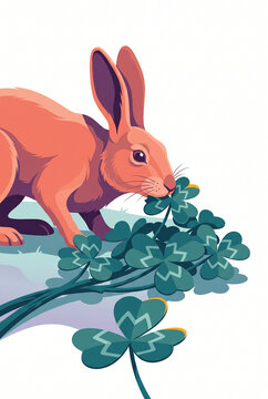 Rabbit nibbling on clover in a colorful illustration  