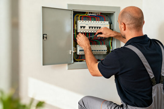 &Eacute;lectricien intervenant sur un tableau &eacute;lectrique dans une maison, d&eacute;pannage &eacute;lectricit&eacute;