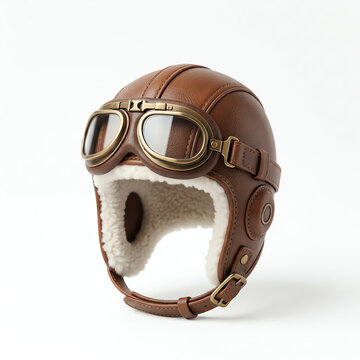 Vintage leather pilot helmet with goggles, retro aviation headgear