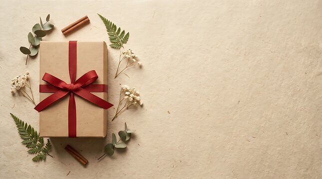 A beautifully wrapped gift box adorned with a vibrant red ribbon and surrounded by festive foliage evokes feelings of joy celebration and anticipation for a