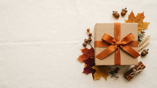 A beautifully decorated gift box adorned with ribbons and autumn leaves represents celebration thoughtfulness and the joy of giving during special occasions and holidays