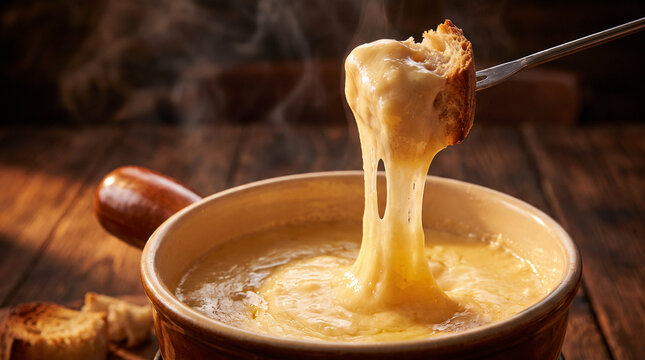 Crusty bread cube dipped in melted cheese fondue on fork with steam in caquelon pot with copy space