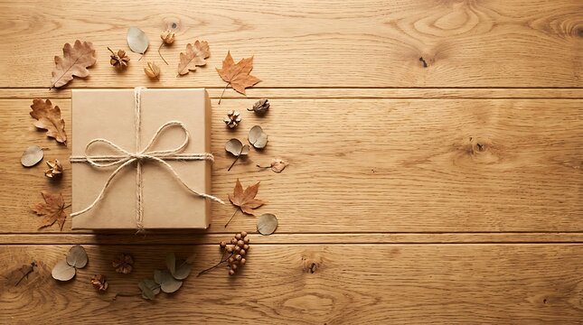A beautifully presented gift box adorned with delicate ribbon and floral accents rests against a rustic wooden backdrop evoking feelings of warmth and celebration