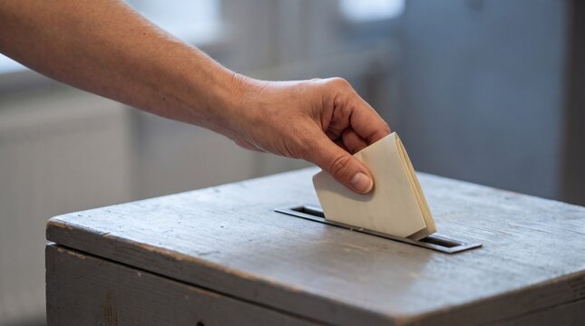 A person's hand is seen placing a ballot into a wooden ballot box, highlighting the act of voting and democratic participation.