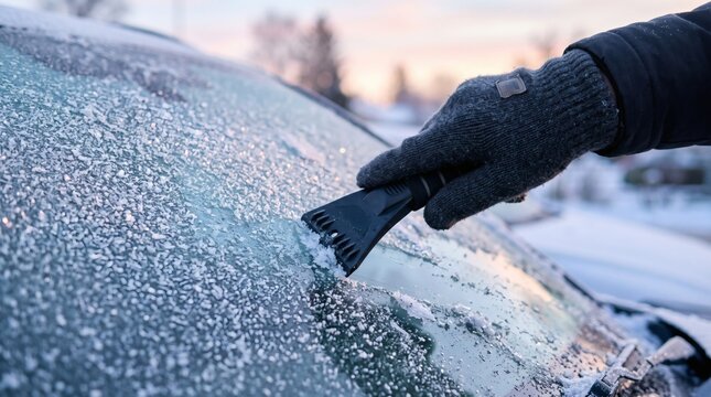A person wearing a grey glove uses an ice scraper to clear frost from a car windshield on a cold winter morning.