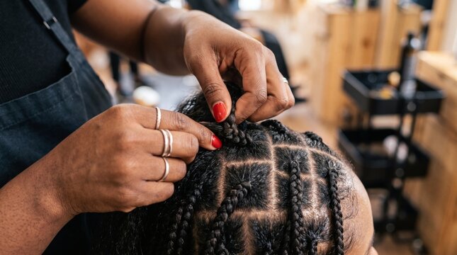 A close-up shot shows a stylist's hands with red nail polish braiding a client's hair into neat box braids in a salon setting.