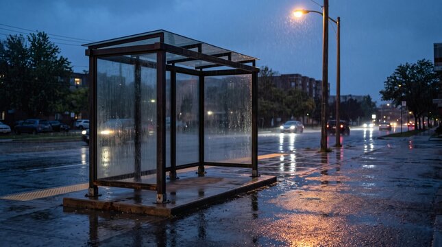 A bus stop shelter stands on a wet city street during a rainy evening, with car headlights reflecting on the slick pavement under a streetlamp.