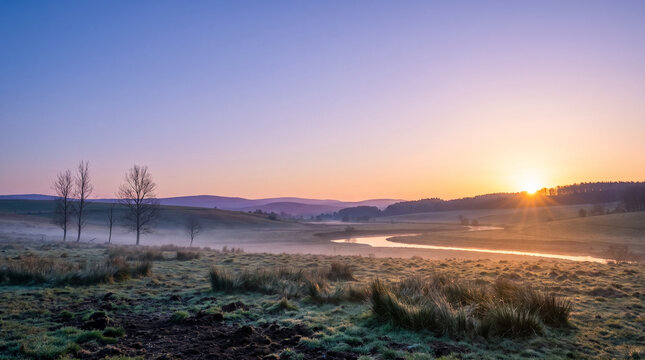 Sunrise over a spring landscape with trees and river in the foreground  