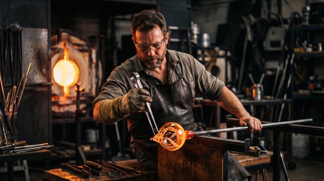 A skilled male glassblower wearing an apron and safety glasses meticulously shapes molten glass with tools in a dimly lit workshop, illuminated by the glow of the hot material and a nearby furnace.