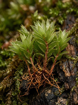 Extreme macro of green moss plants showing leaf cell structures and reddish rhizoid roots anchored on wet bark. Detailed botanical image for science, nature, and biology