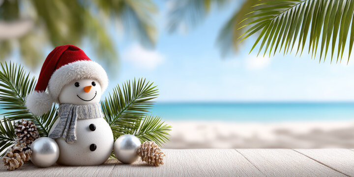 Snowman celebrating tropical christmas holiday on a warm beach. Wearing santa hat and scarf. With palm leaves. Silver ornaments. And pine cones on a wooden table