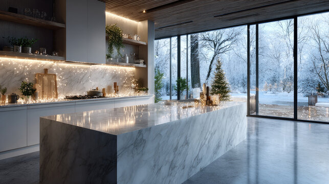 Empty marble kitchen island countertop providing a sleek, modern display surface for product presentation or montage in a cozy, christmas-decorated luxury kitchen with winter views