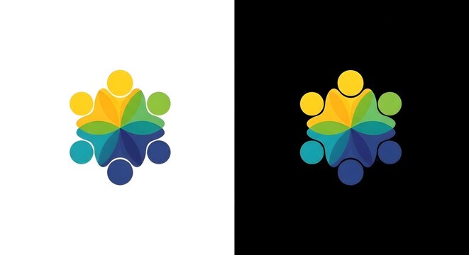 Abstract colorful logo design featuring stylized human figures holding hands in a circle representing unity and cooperation shown on a split white and black background for presentation.