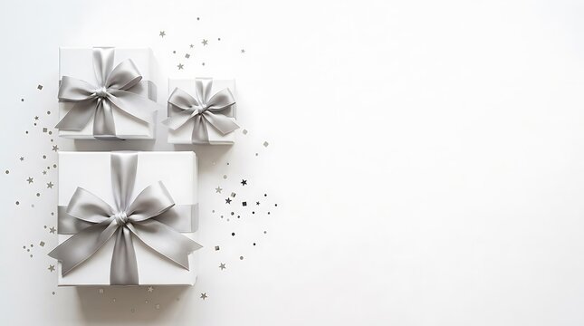 A beautifully presented stack of elegantly wrapped gift boxes adorned with delicate silver ribbons and bows suggesting celebration and thoughtful giving