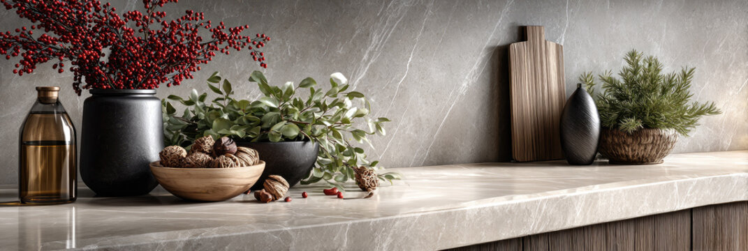 Stylish kitchen counter display for a christmas or holiday product showcase. Featuring festive decor with red berries. Green foliage. And natural elements creating a warm