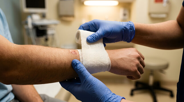 Medical professional in blue gloves applying a sterile gauze bandage to a patient's injured forearm with a minor scrape in a clinical hospital treatment room environment close up healthcare