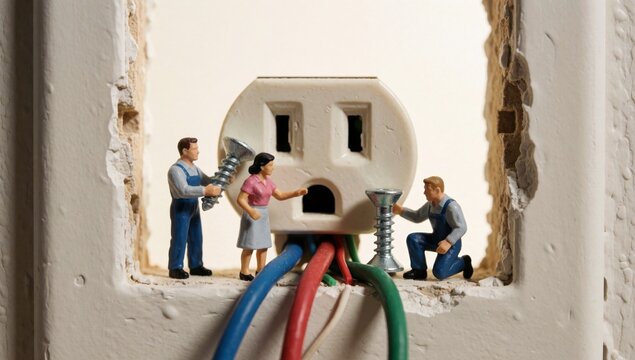 Miniature people working electrical outlet white appears old weathered cracks peeling paint walls there men wo
