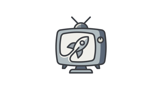 Retro television with rocket launch icon.