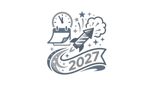 Rocket launching with clock and 2027 banner ribbon