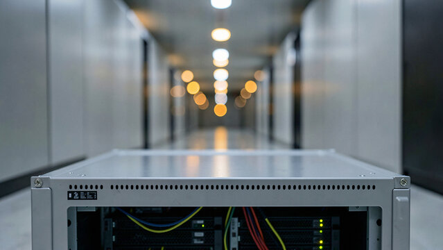 Detail of a blade server chassis with a clean unbranded hall corridor view