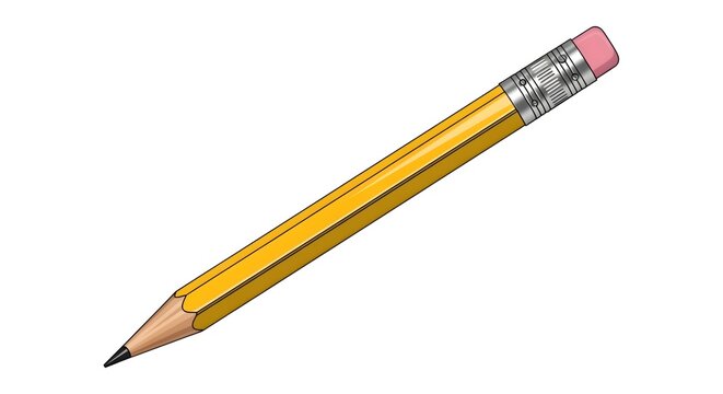 Classic yellow wooden pencil with a pink eraser and sharpened graphite tip isolated on a white background, digital illustration for education, writing, sketching, and office supply design concepts.