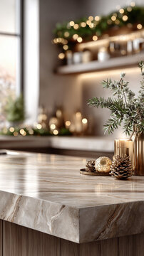 Contemporary kitchen island showcasing a stylish christmas centerpiece with glowing candles and festive elements, providing an ideal empty surface for product display or a holiday marketing montage