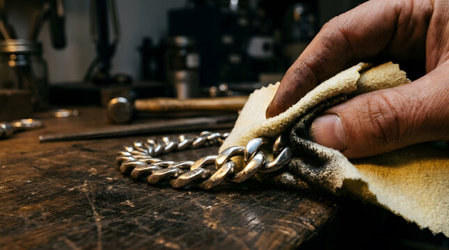 Close-up artisan hand polishing a heavy silver chain bracelet with a buffing cloth on a rustic wooden workbench in a workshop, detailed macro photography of handcrafted luxury jewelry making process