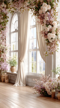 Romantic wedding venue interior featuring a beautiful floral archway adorned with delicate pink roses. White hydrangeas. And verdant greenery. Complemented by sheer white curtains and glowing lanterns