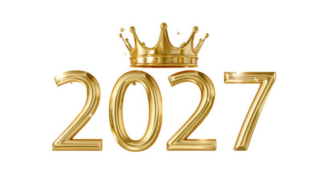 Golden numbers spelling twenty twenty seven adorned with a small royal crown on top of zero.