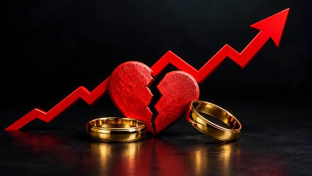 A broken red heart, two gold wedding bands, and an upward-trending red arrow against a dark background, symbolizing a rising divorce rate.