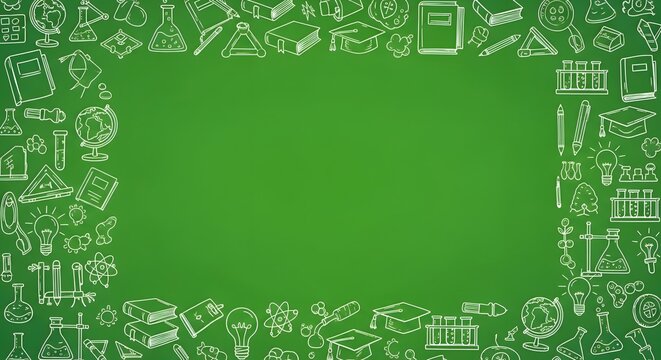 Green chalkboard background with a central blank copy space, surrounded by a white line art border of educational doodles including science flasks, textbooks, light bulbs, globes, and graduation caps