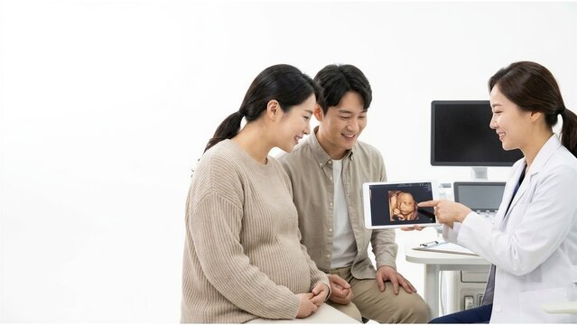 Pregnant Couple Looking at Ultrasound on Tablet with Doctor Photo