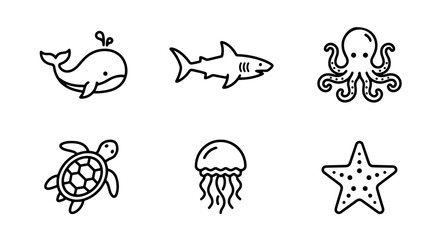 Fototapeta premium Oceanic Icons Set: Whale, Shark, Octopus, Turtle, Jellyfish, Starfish Vector Graphics
