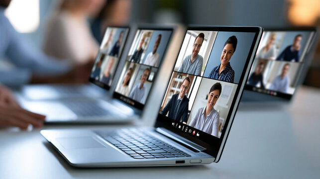 Diverse remote employees appearing on multiple laptop screens during a global team meeting, home office environments, international business communication, distributed workforce,