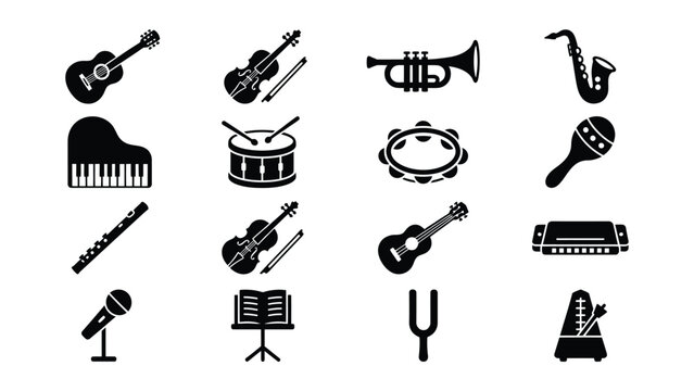 Collection of various musical instruments and accessories icons with transparent background