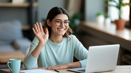 Fototapeta premium Woman smiling and waving during a family video call from her home office, emotional connection, long-distance relationships, digital communication, modern lifestyle, authentic
