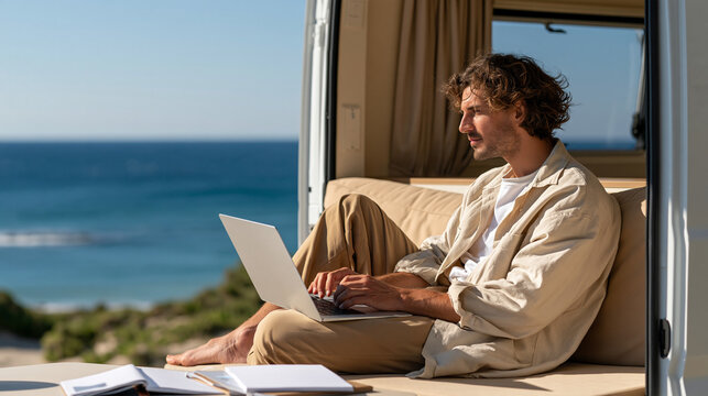 Faceless employee working from a camper van while attending an online meeting, digital nomad lifestyle, remote employment, mobile office, travel freedom, flexible work culture,