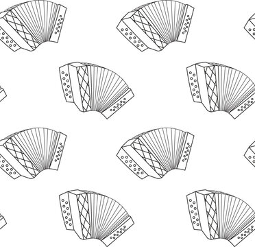 Folk accordion in doodle style with Bavarian details. Monochrome pattern for Oktoberfest branding and packaging
