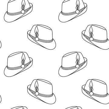 Tyrolean hat with feather in black and white doodle. Simple Oktoberfest pattern for festival branding