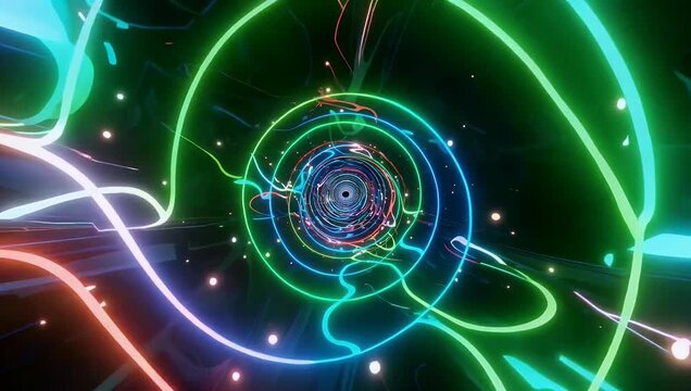 Hypnotic 4K looping graphic showcasing a futuristic neon wormhole tunnel formed by overlapping smooth glowing lines that create a deep sense of digital space and motion