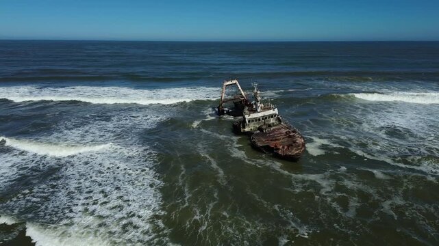 The Zeila shipwreck at Henties Bay on Namibias Skeleton Coast, as seen from a drone.