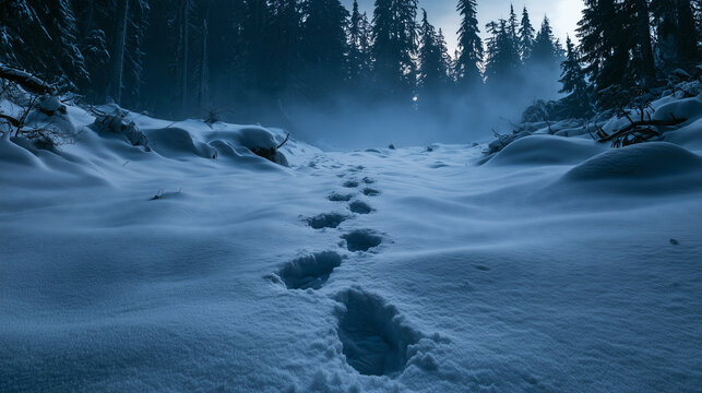 A mysterious Bigfoot footprint trail leading through deep snow toward a dark forest