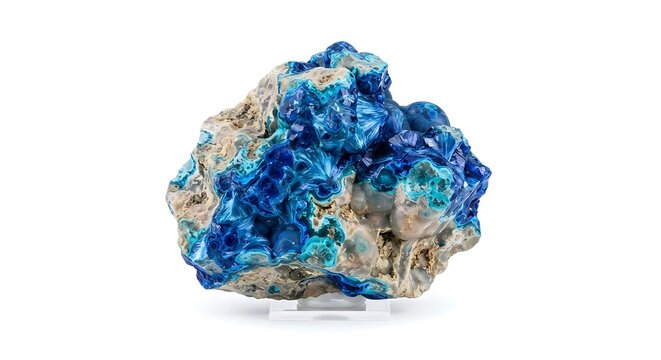 Vivid blue azurite mineral crystals growing on rough rock matrix
