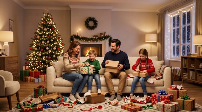 Christmas Morning Bliss: A heartwarming scene unfolds as a happy family gathers around their beautifully decorated Christmas tree, eagerly opening presents on a cozy living room floor.